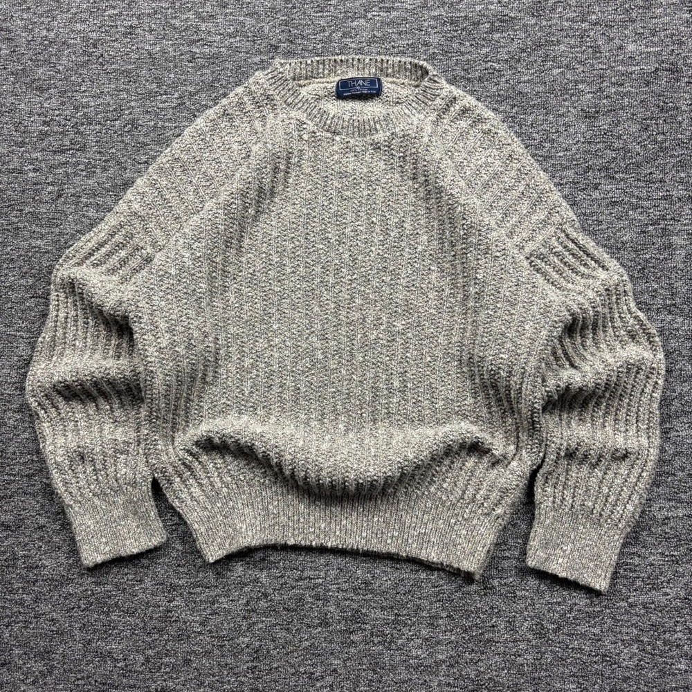 Vintage 90s Thane Minimalist Ribbed Knit Grey Crewneck Sweater‎ Mens XL